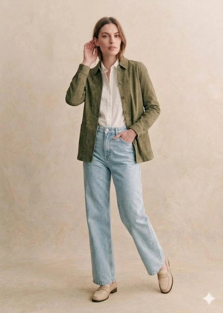 Women's Olive Green Suede Premium Original Leather Shirt Jacket