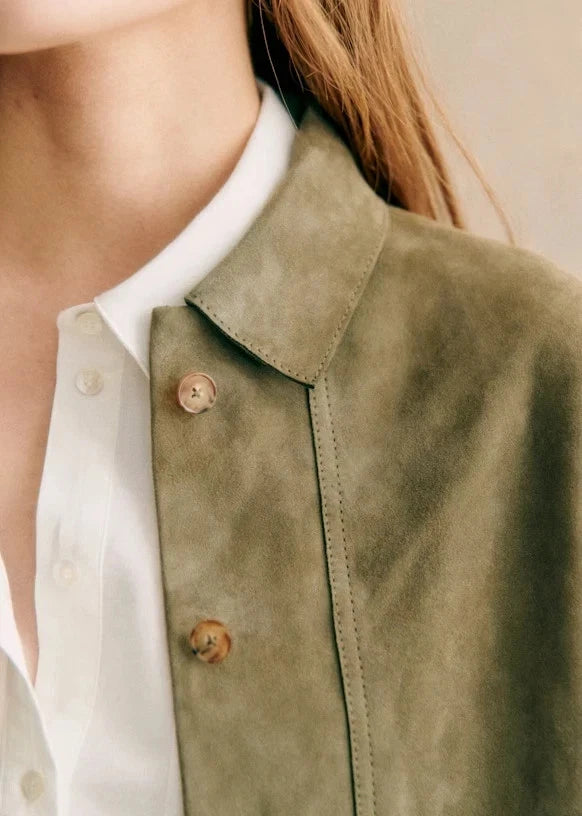 Women's Olive Green Suede Premium Original Leather Shirt Jacket