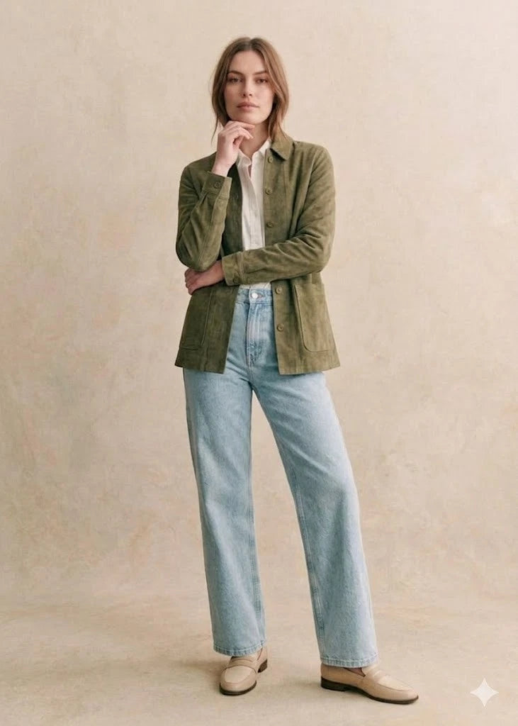 Women's Olive Green Suede Premium Original Leather Shirt Jacket