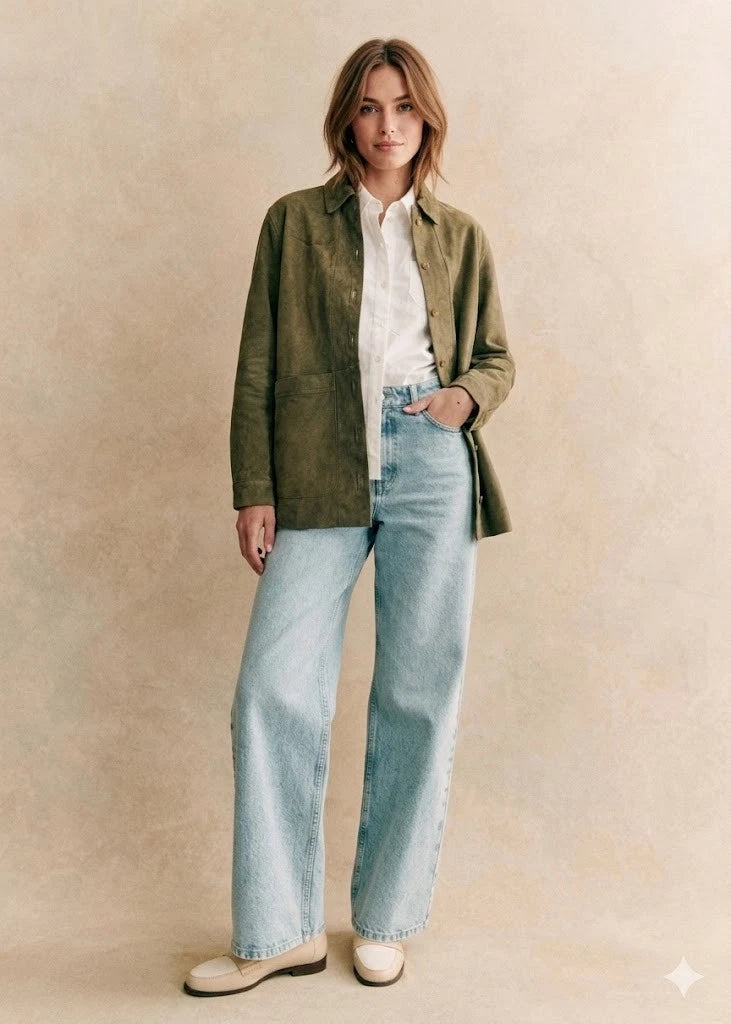 Women's Olive Green Suede Premium Original Leather Shirt Jacket