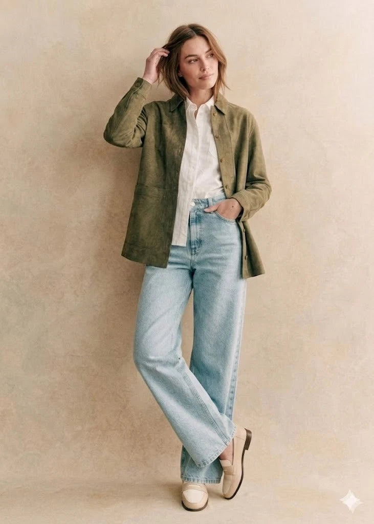 Women's Olive Green Suede Premium Original Leather Shirt Jacket