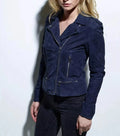 Women's Navy Blue Suede Premium Original Leather Moto Biker Jacket