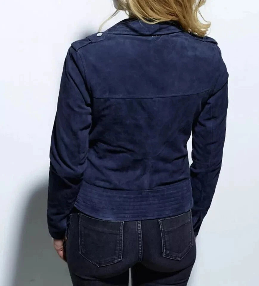 Women's Navy Blue Suede Premium Original Leather Moto Biker Jacket