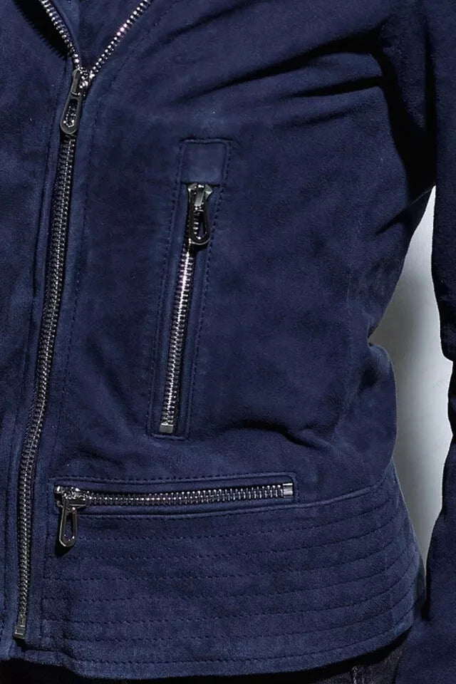 Women's Navy Blue Suede Premium Original Leather Moto Biker Jacket