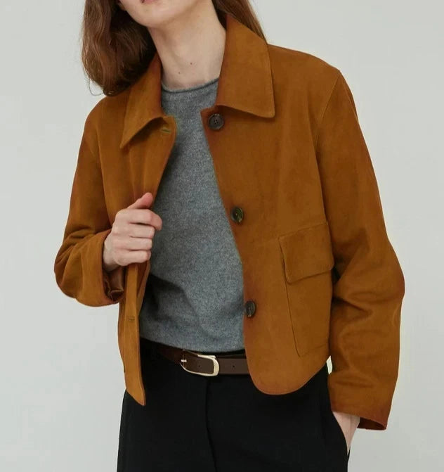 Women's Brown Cropped Lambskin Premium Original Leather Jacket
