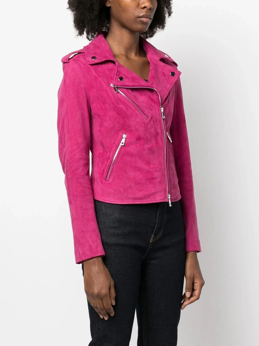 Women's Fuchsia Pink Suede Premium Original Leather Biker Jacket