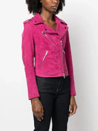Women's Fuchsia Pink Suede Premium Original Leather Biker Jacket