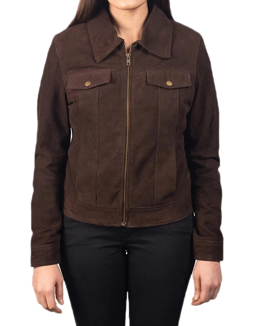 Women's Dark Brown Suede Premium Original Leather Trucker Jacket
