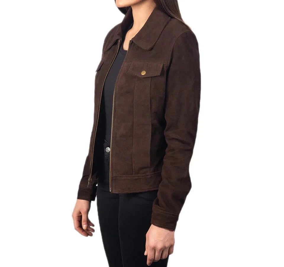 Women's Dark Brown Suede Premium Original Leather Trucker Jacket