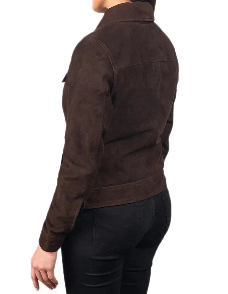 Women's Dark Brown Suede Premium Original Leather Trucker Jacket