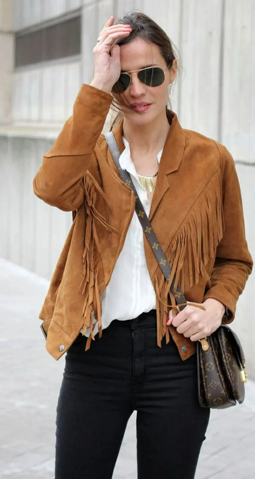 Women's Tan Premium Suede Fringe Original Leather Jacket