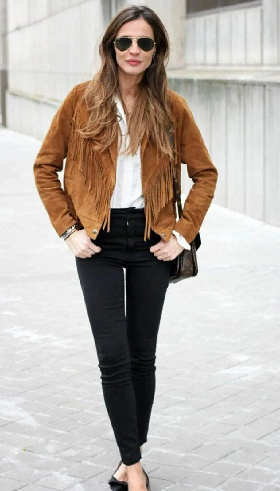 Women's Tan Premium Suede Fringe Original Leather Jacket