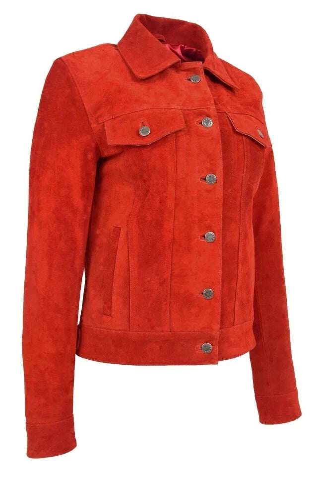 Women's Red Suede Original Premium Leather Trucker Jacket