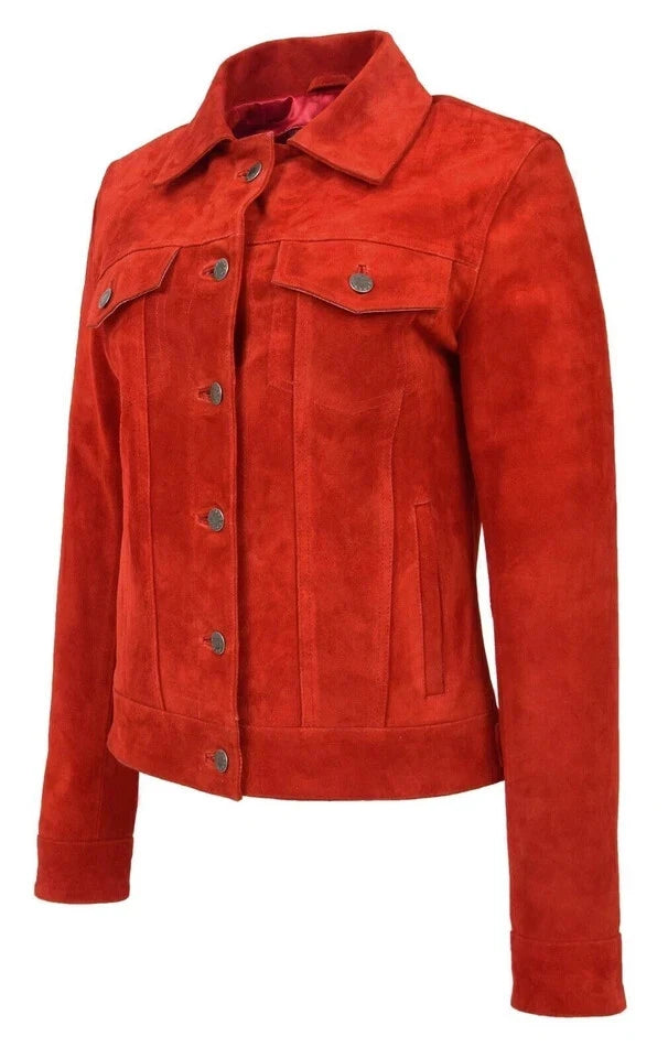 Women's Red Suede Original Premium Leather Trucker Jacket