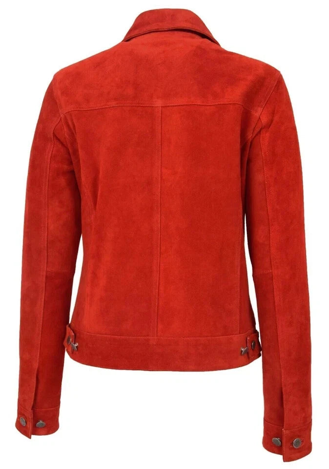 Women's Red Suede Original Premium Leather Trucker Jacket