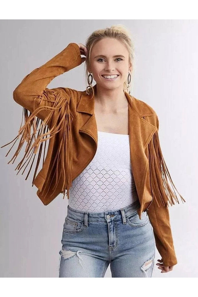 Women's Brown Suede Fringe Moto Original Premium Leather Jacket