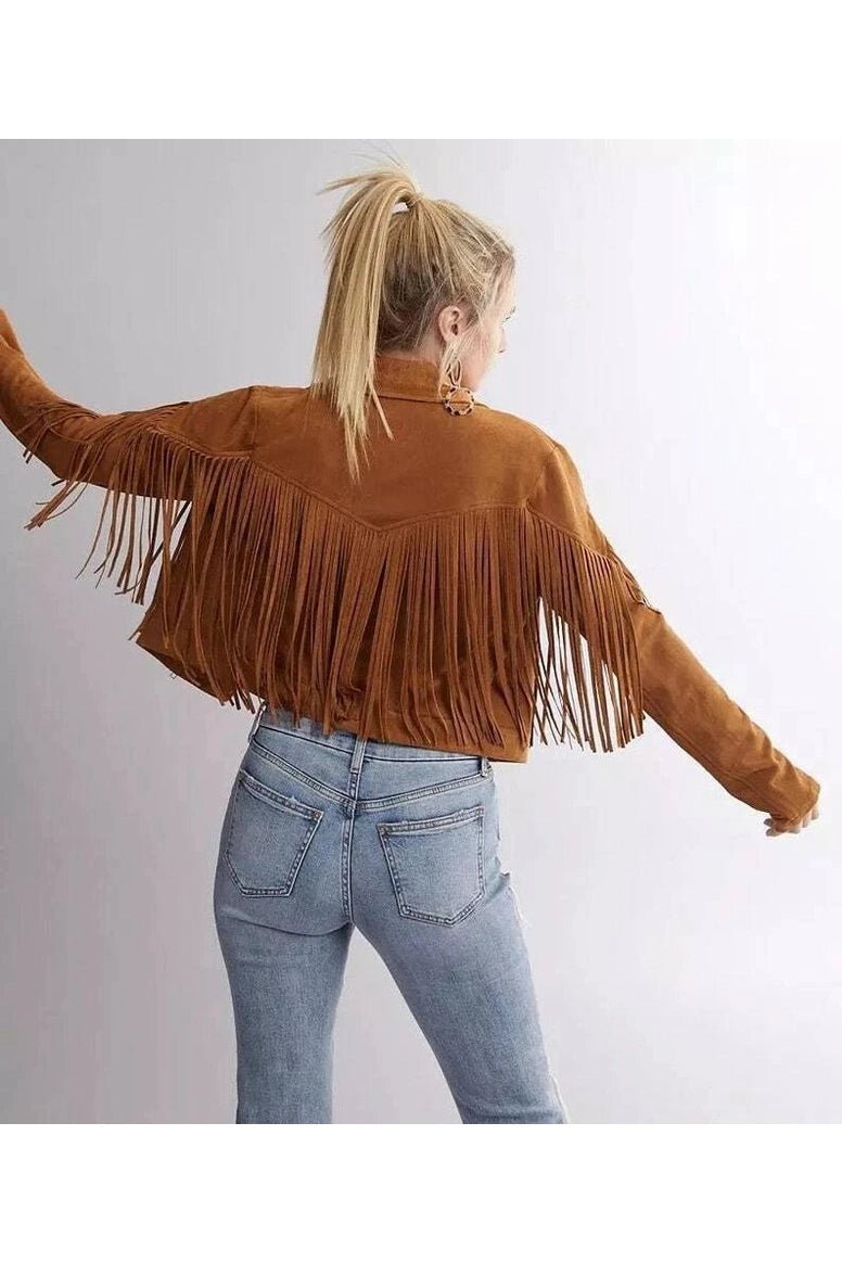 Women's Brown Suede Fringe Moto Original Premium Leather Jacket