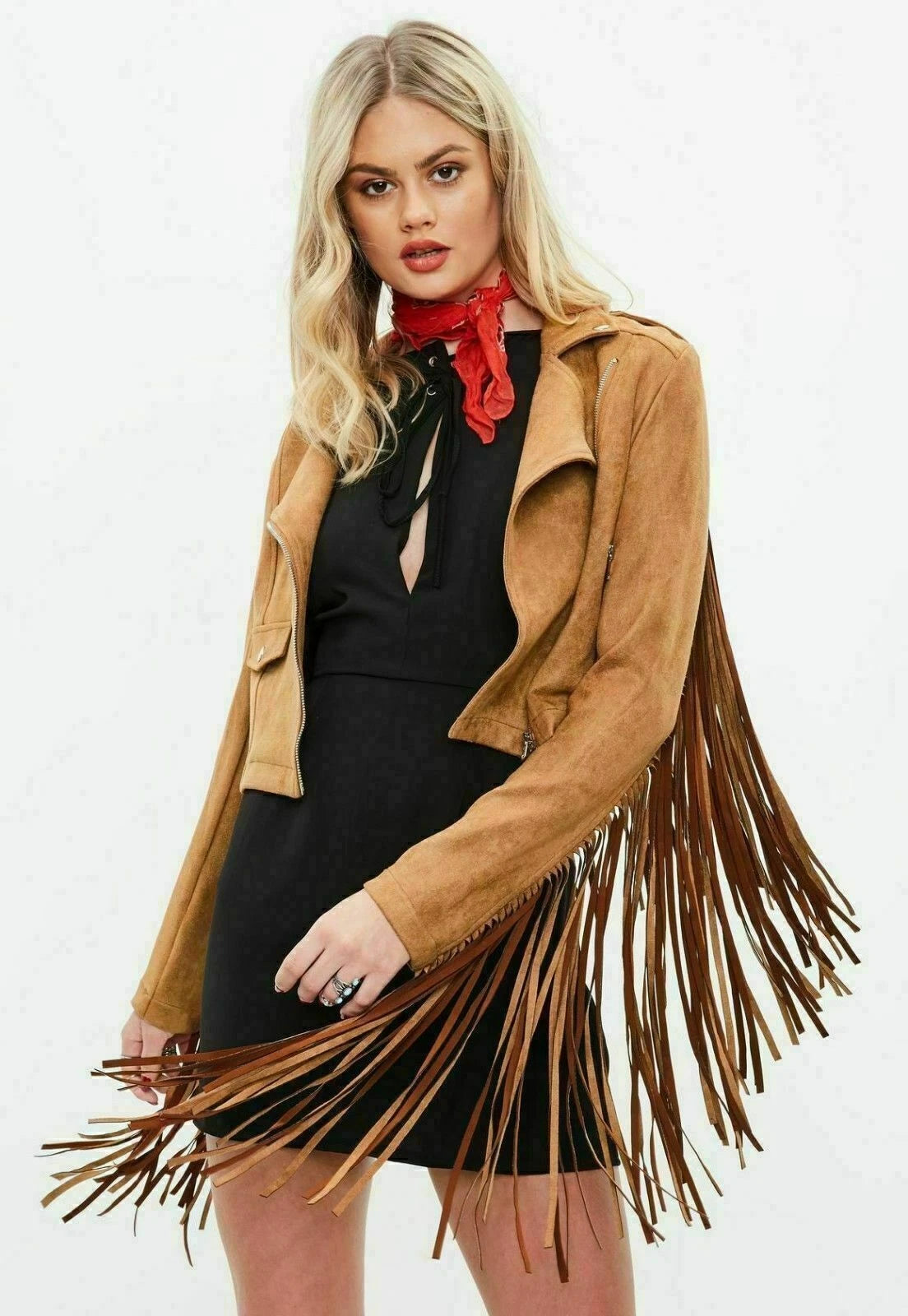 Women's Tan Premium Suede Extra-Long Fringe Moto Original Leather Jacket