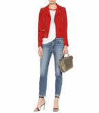 Women's Red Suede Original Premium Leather Biker Jacket with Gold Hardware