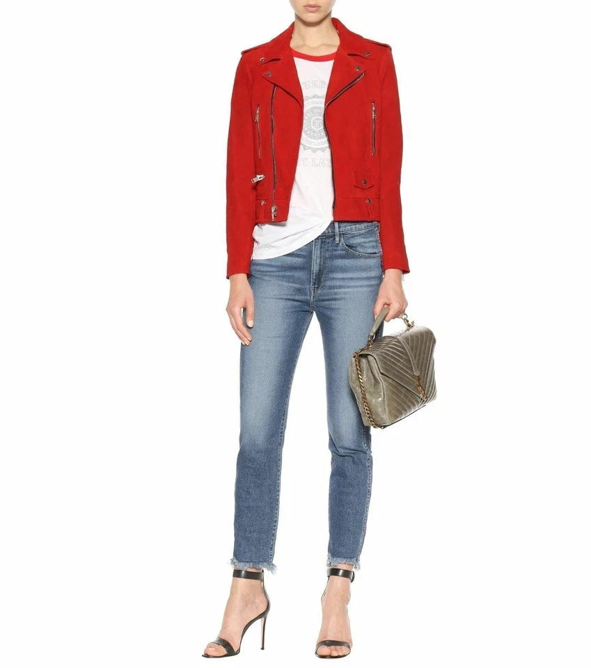 Women's Red Suede Original Premium Leather Biker Jacket with Gold Hardware
