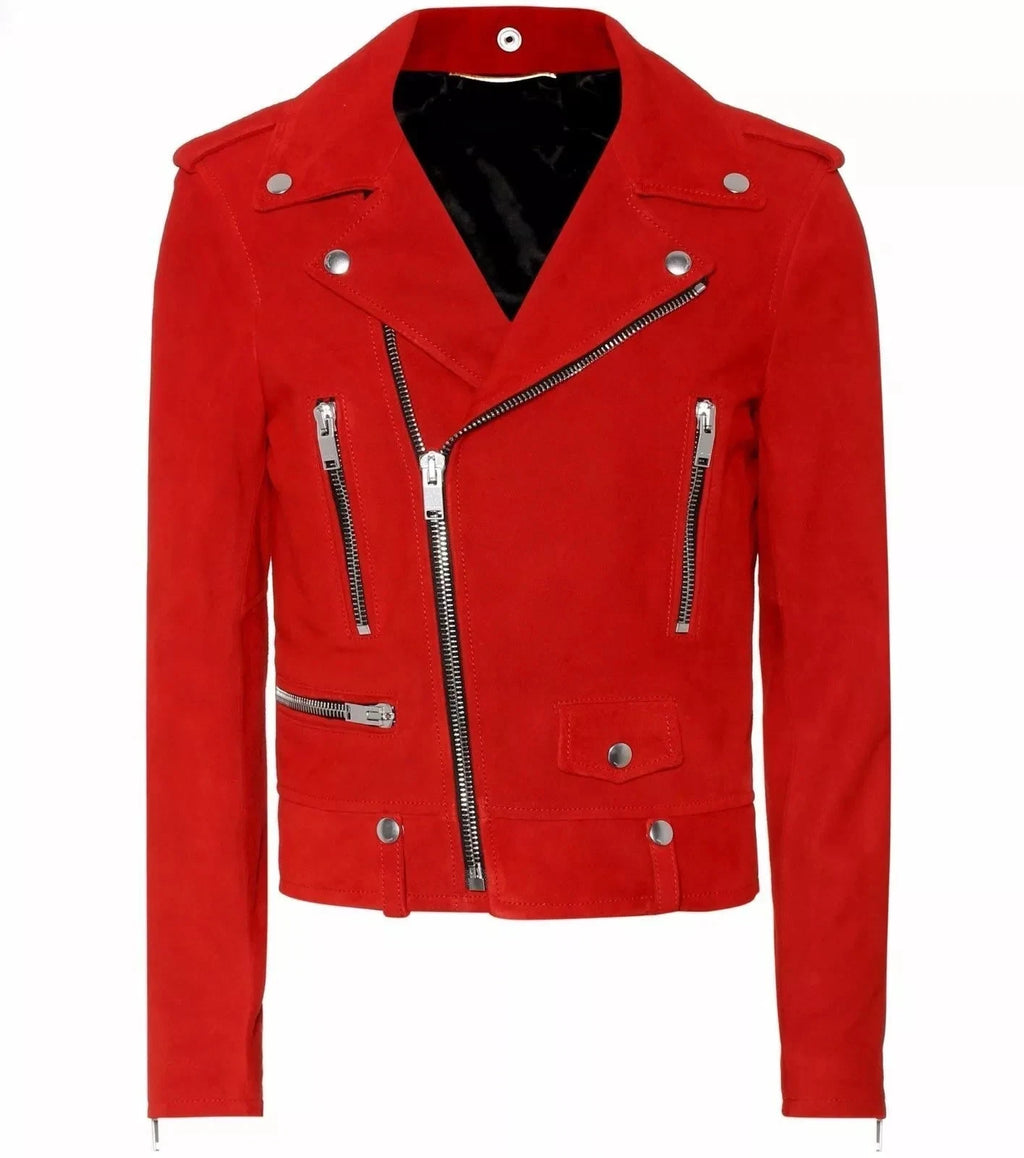 Women's Red Suede Original Premium Leather Biker Jacket with Gold Hardware
