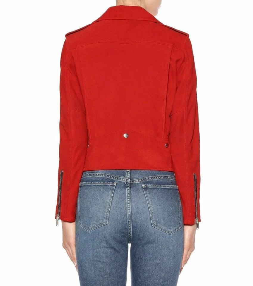Women's Red Suede Original Premium Leather Biker Jacket with Gold Hardware