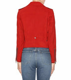 Women's Red Suede Original Premium Leather Biker Jacket with Gold Hardware