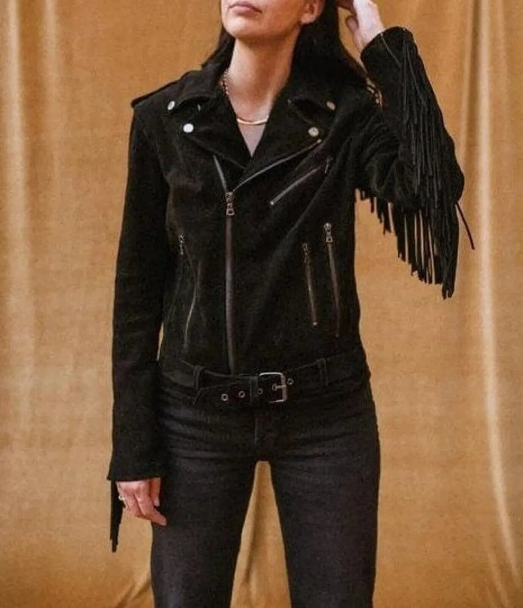 Women's Black Suede Fringe Original Premium Leather Biker Jacket with Silver Hardware