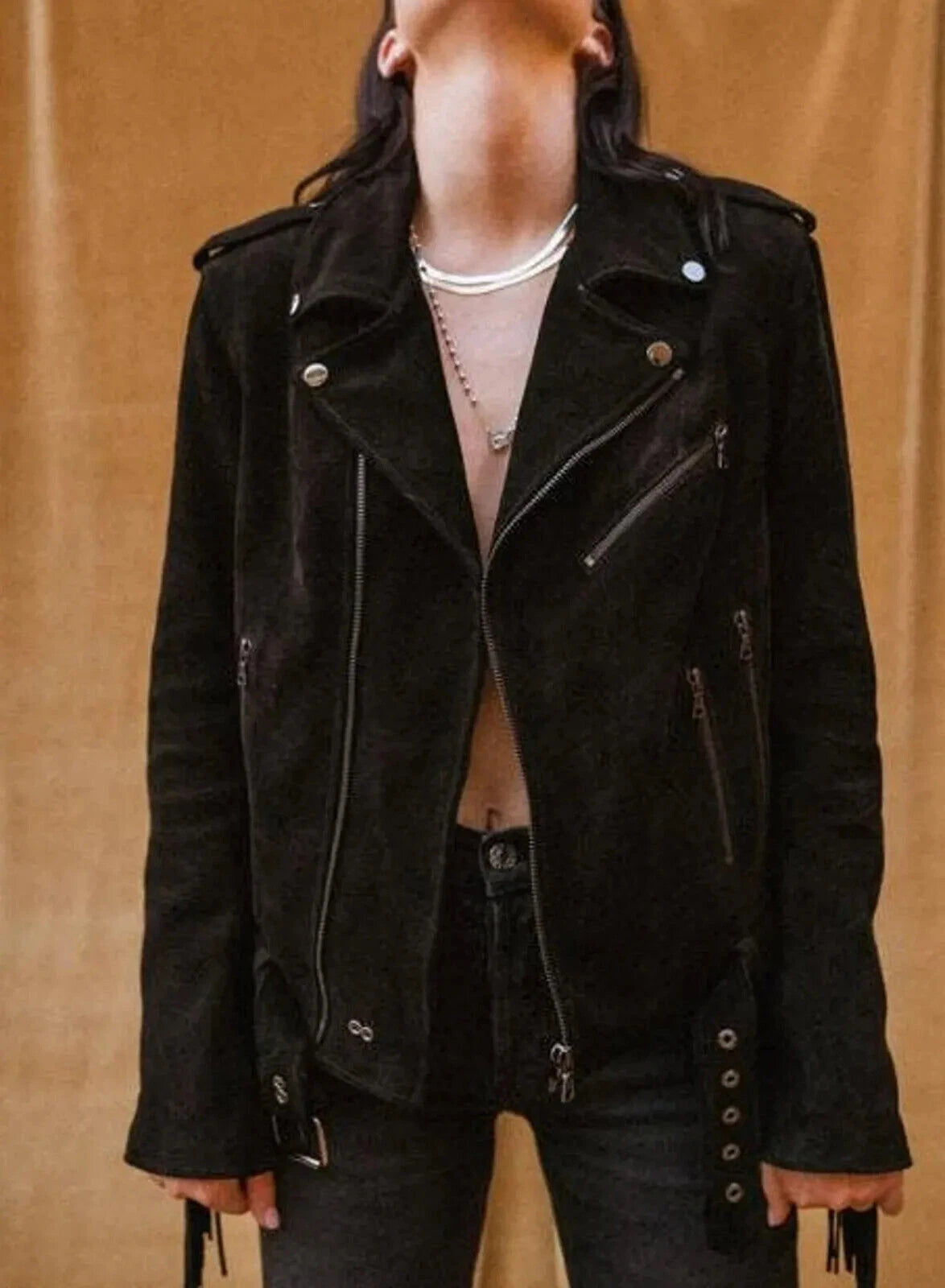 Women's Black Suede Fringe Original Premium Leather Biker Jacket with Silver Hardware