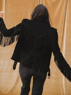 Women's Black Suede Fringe Original Premium Leather Biker Jacket with Silver Hardware