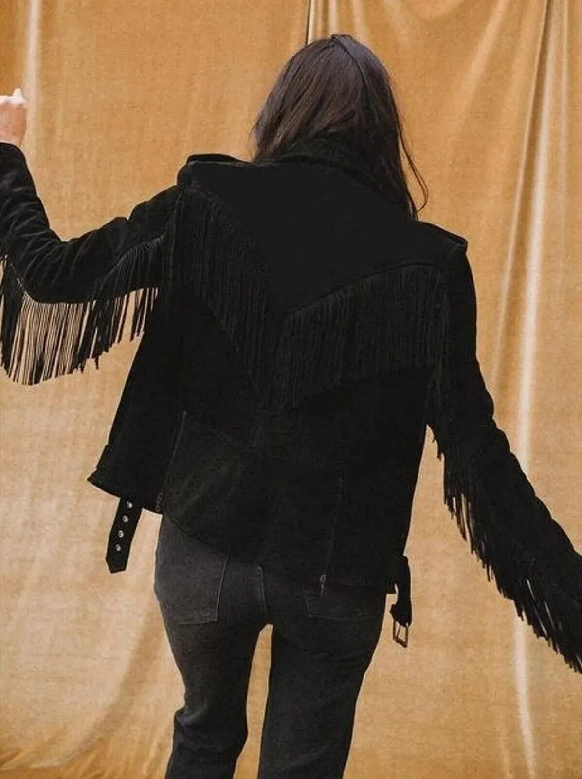 Women's Black Suede Fringe Original Premium Leather Biker Jacket with Silver Hardware