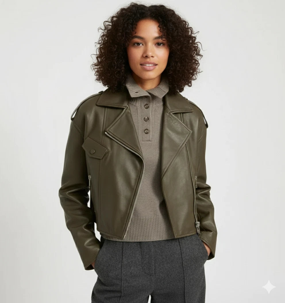 Women's Olive Green Oversized Lambskin Premium Original Leather Biker Jacket