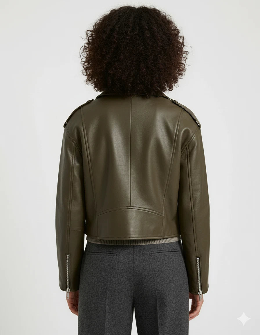 Women's Olive Green Oversized Lambskin Premium Original Leather Biker Jacket