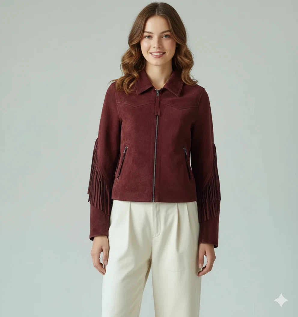 Women's Burgundy Suede Fringe Sleeve Western Original Premium Leather Jacket