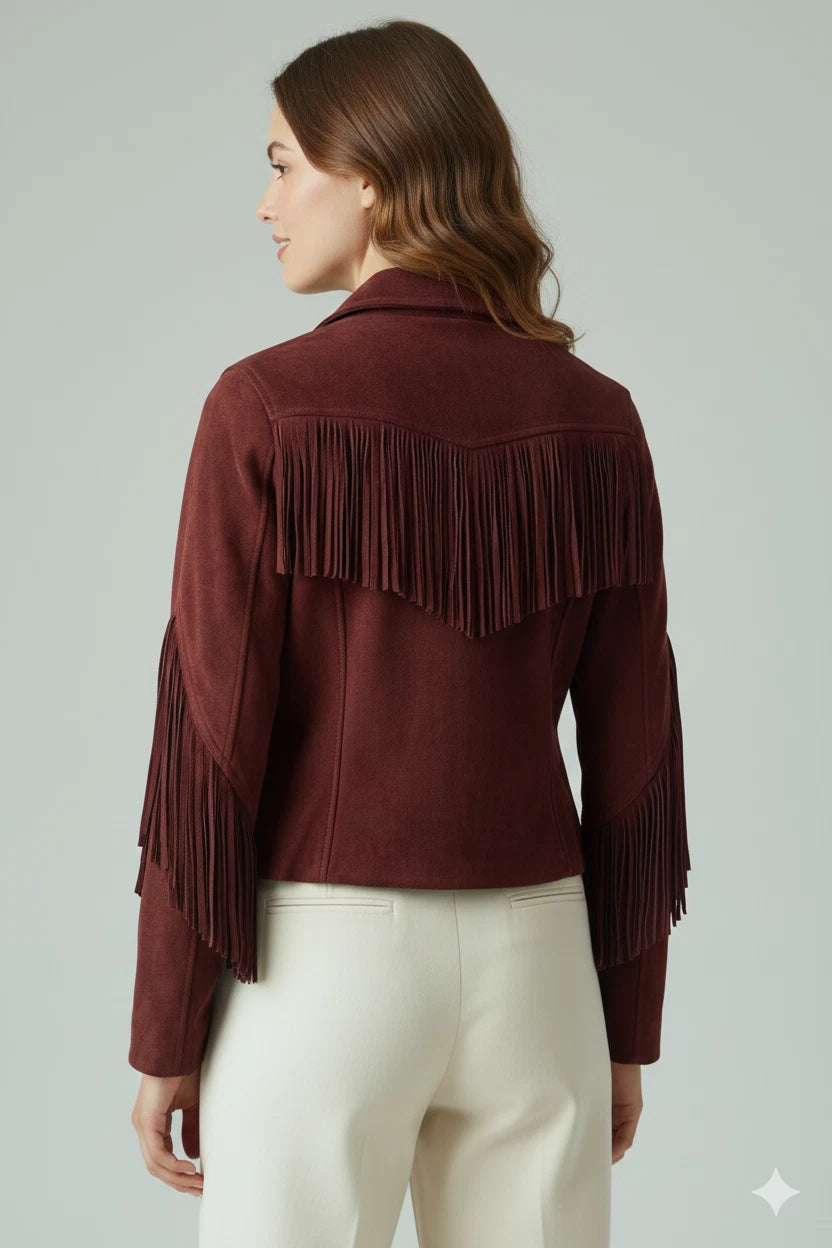 Women's Burgundy Suede Fringe Sleeve Western Original Premium Leather Jacket