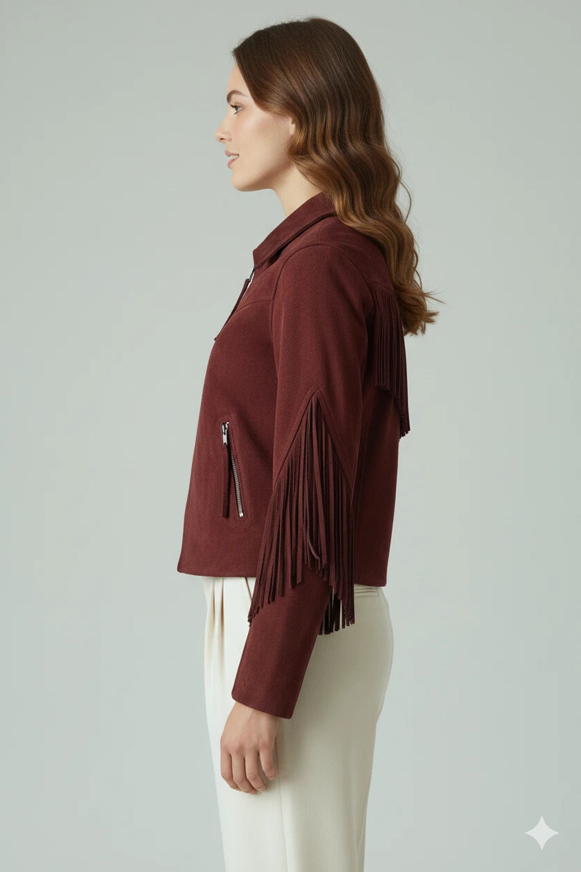 Women's Burgundy Suede Fringe Sleeve Western Original Premium Leather Jacket