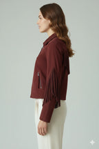 Women's Burgundy Suede Fringe Sleeve Western Original Premium Leather Jacket