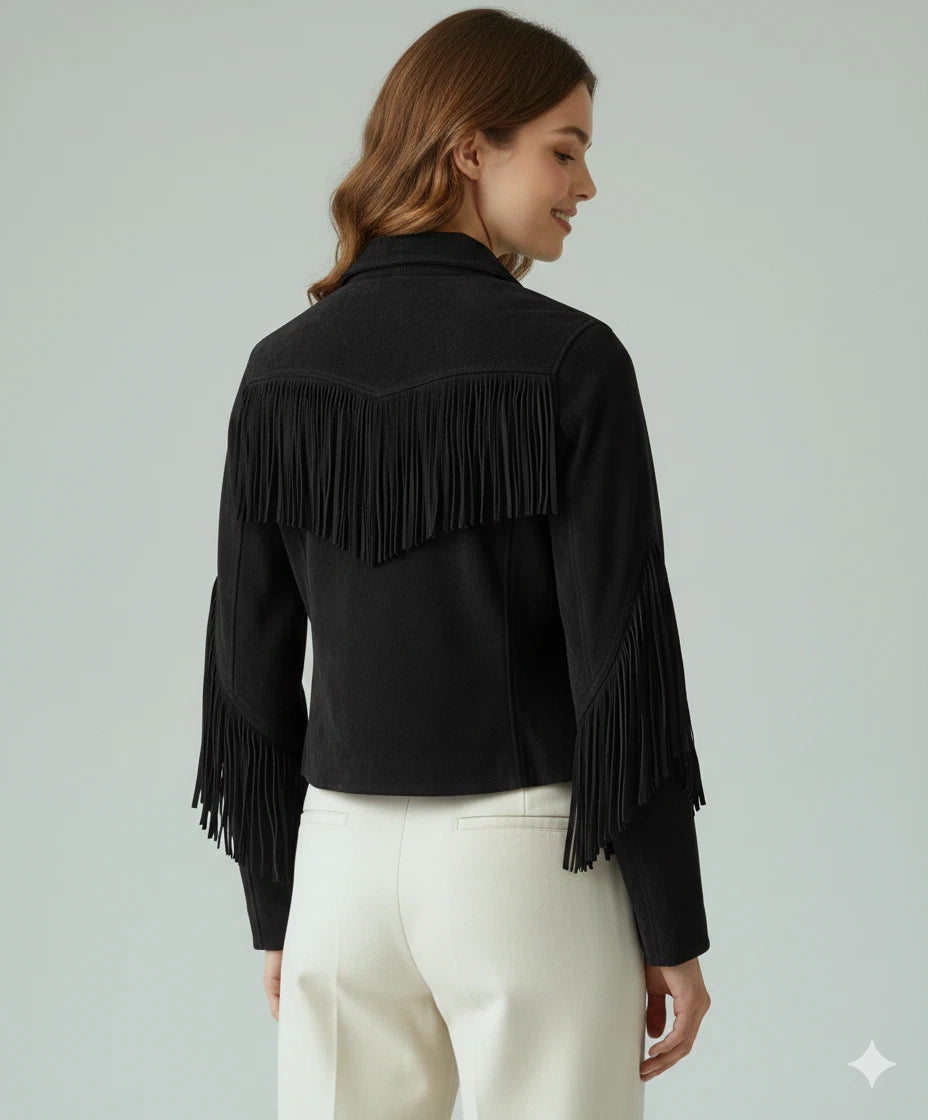 Women's Black Suede Fringe Sleeve Western Premium Original Leather Jacket