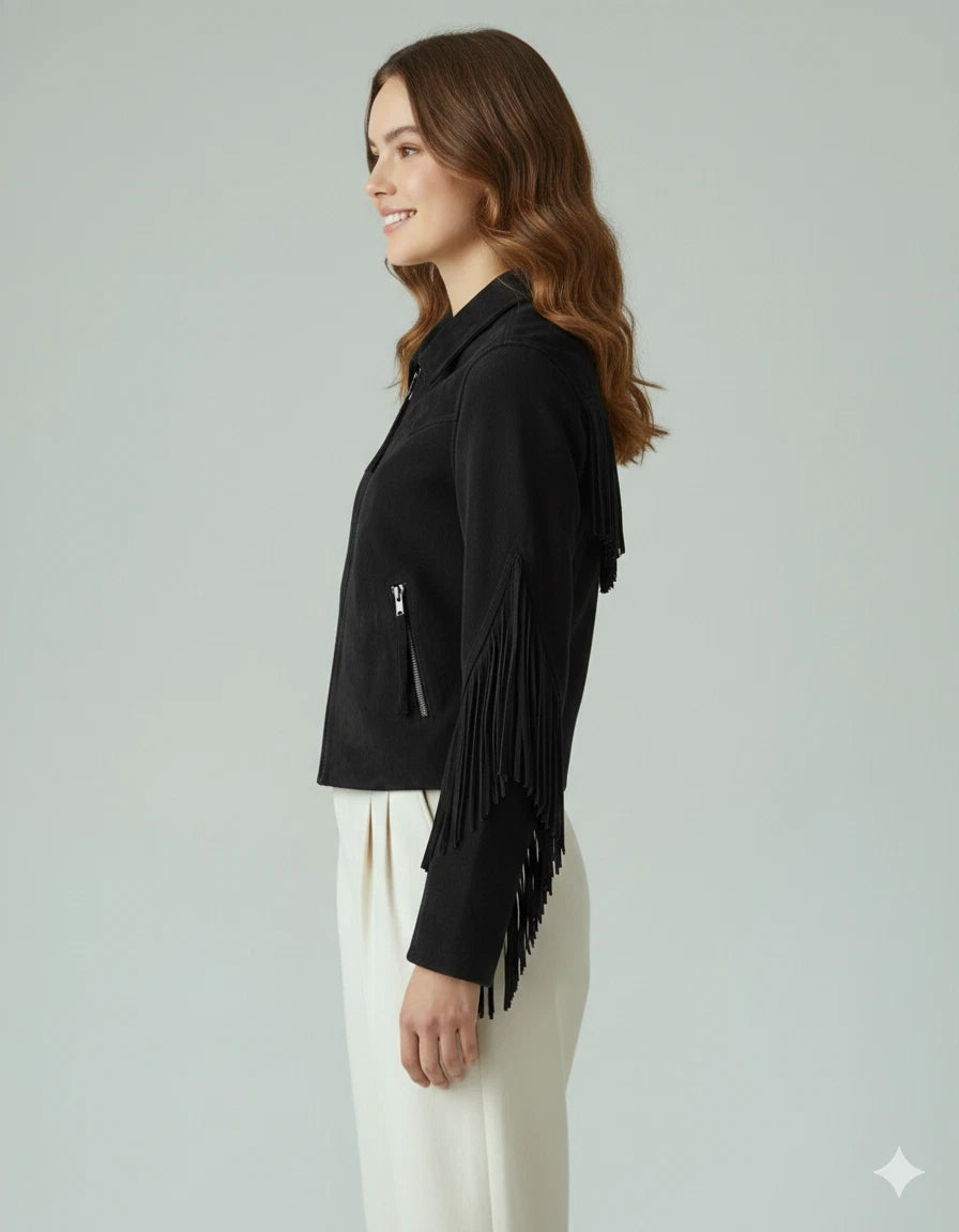 Women's Black Suede Fringe Sleeve Western Premium Original Leather Jacket