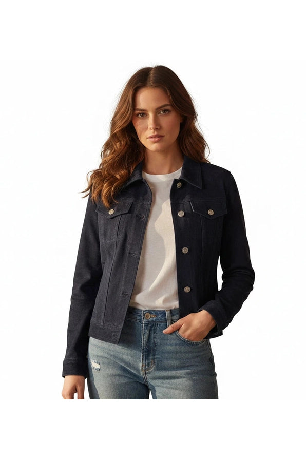 Women's Navy Blue Suede Premium Original Leather Trucker Jacket with Silver Buttons