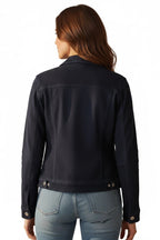 Women's Navy Blue Suede Premium Original Leather Trucker Jacket with Silver Buttons