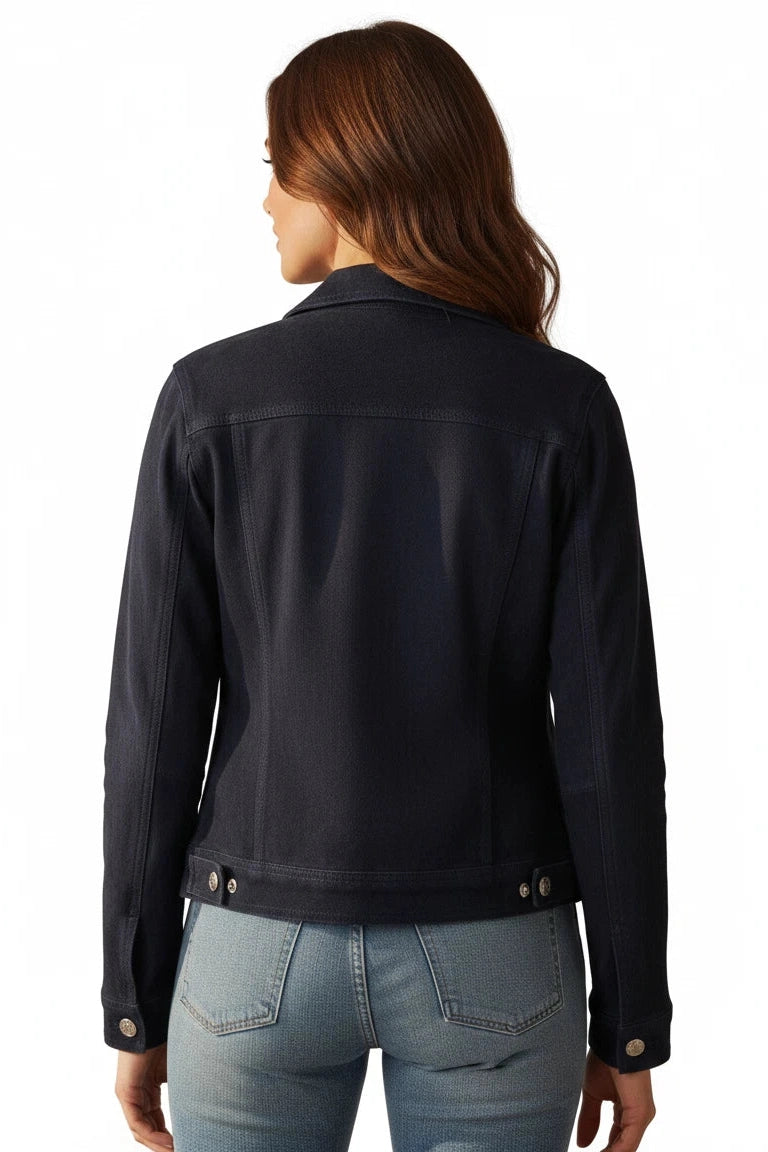 Women's Navy Blue Suede Premium Original Leather Trucker Jacket with Silver Buttons