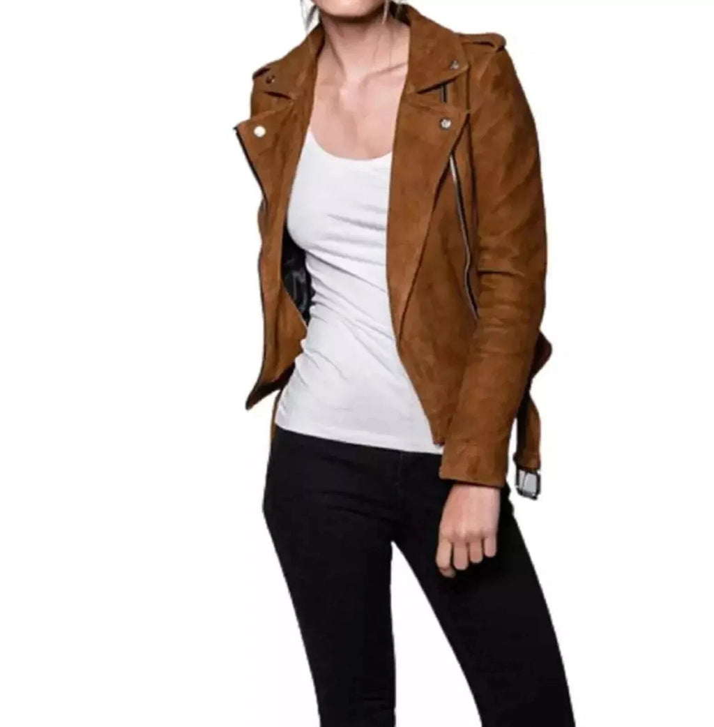 Women's Brown Suede Leather Biker Jacket with Silver Hardware