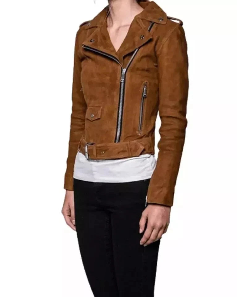 Women's Brown Suede Leather Biker Jacket with Silver Hardware