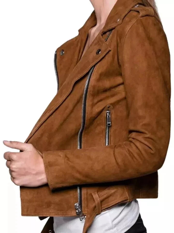 Women's Brown Suede Leather Biker Jacket with Silver Hardware