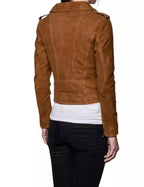 Women's Brown Suede Leather Biker Jacket with Silver Hardware