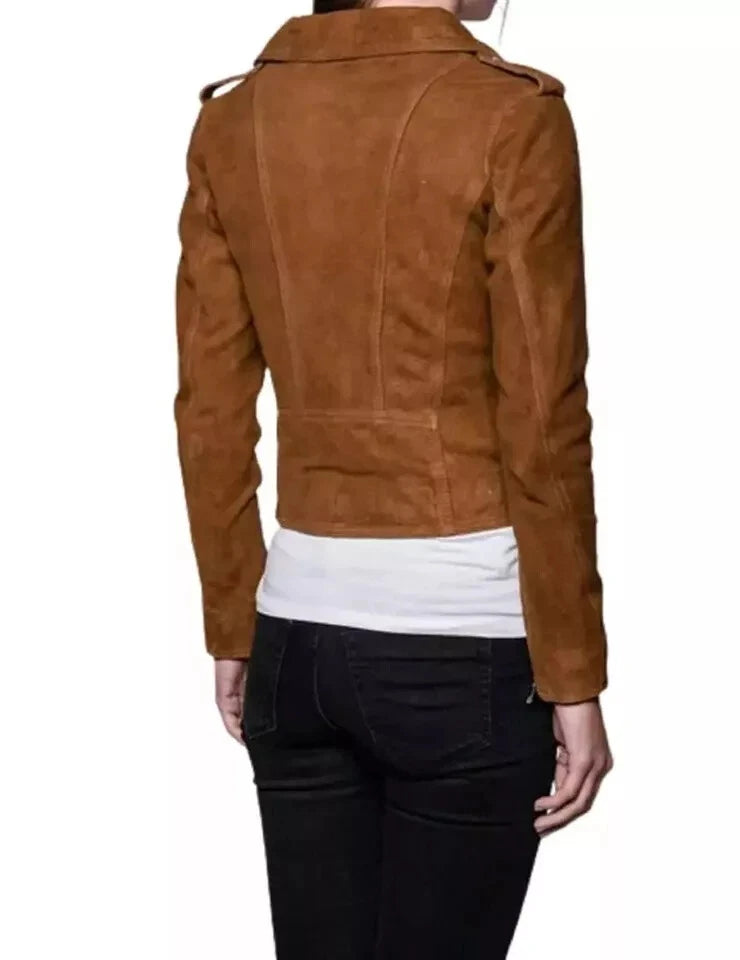 Women's Brown Suede Leather Biker Jacket with Silver Hardware