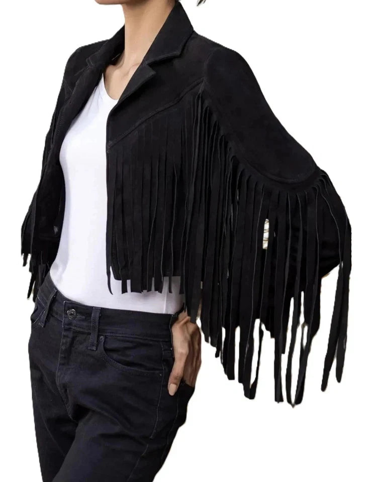 Women's Black Suede Ultra-Long Fringe Cropped Premium Original Leather Jacket
