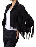 Women's Black Suede Ultra-Long Fringe Cropped Premium Original Leather Jacket