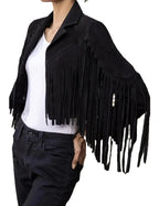 Women's Black Suede Ultra-Long Fringe Cropped Premium Original Leather Jacket